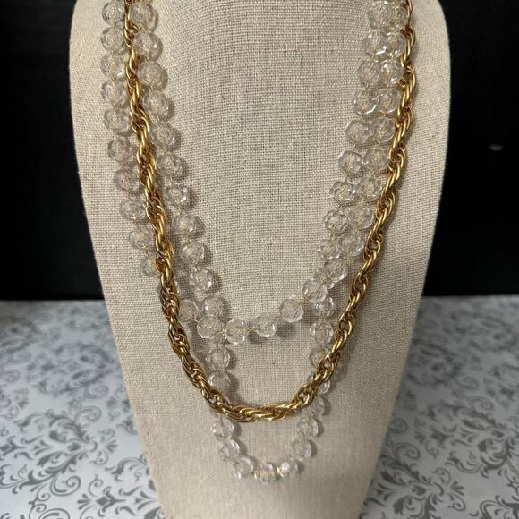 Vintage Sarah Coventry Multi Strand Gold Chain Clear Bead Necklace - Picture 3 of 9